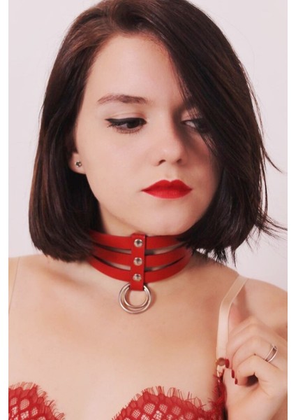Kadın Üçlü Ince Şerit Halka Detaylı Deri Choker Boyun Aksesuar Kırmızı
