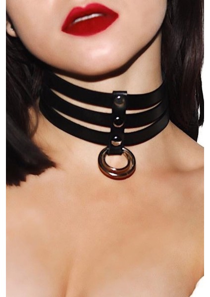 Kadın Üçlü Ince Şerit Halka Detaylı Deri Choker Boyun Aksesuar Siyah