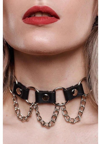 Kadın Zincir ve Halka Detaylı Deri Choker Tasma Boyunluk Aksesuar Siyah