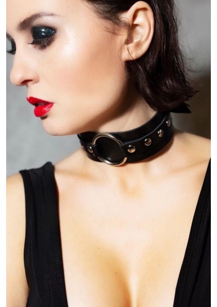 Kadın Halka Detaylı Geniş Şerit Ayarlı Şık Deri Choker Boyun Aksesuar Siyah