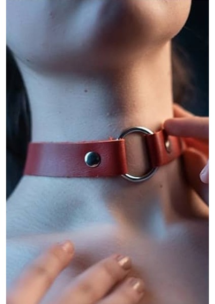 Kadın Tek Halka Detaylı Ayarlanabilir Şık Deri Choker Boyun Aksesuar Kırmızı