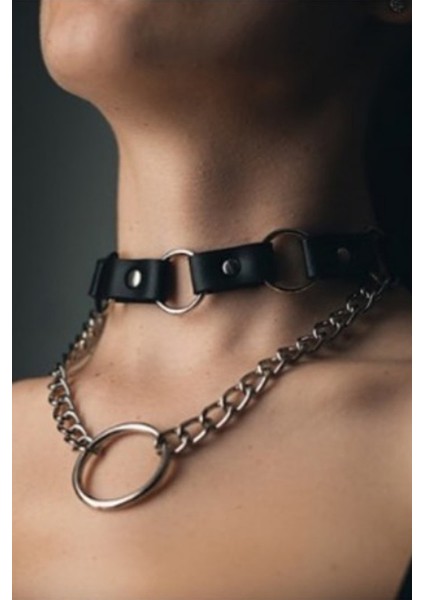 Kadın Zincir ve Halka Detaylı Şık Deri Choker Boyun Aksesuar Siyah