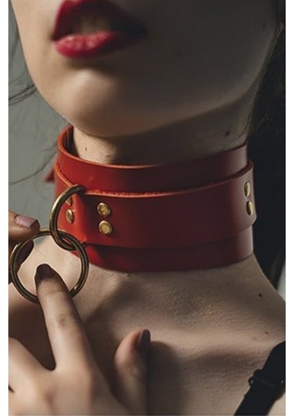 Kadın Halka Detaylı Geniş Şerit Şık Deri Choker Tasma Boyun Aksesuar Kırmızı