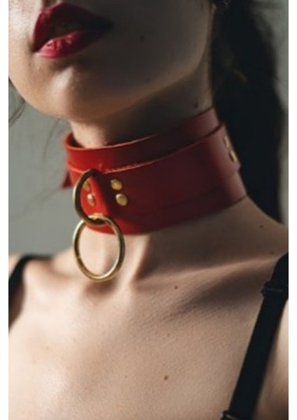 Kadın Halka Detaylı Geniş Şerit Şık Deri Choker Tasma Boyun Aksesuar Kırmızı fiyatları