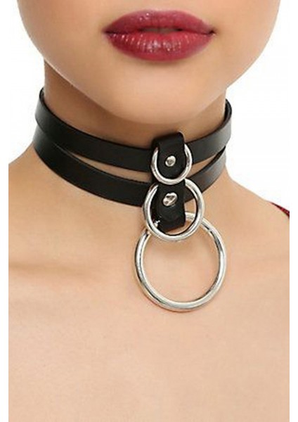 Kadın Ince Şerit Üç Halka Detaylı Ayarlı Şık Deri Choker Boyun Aksesuar Siyah