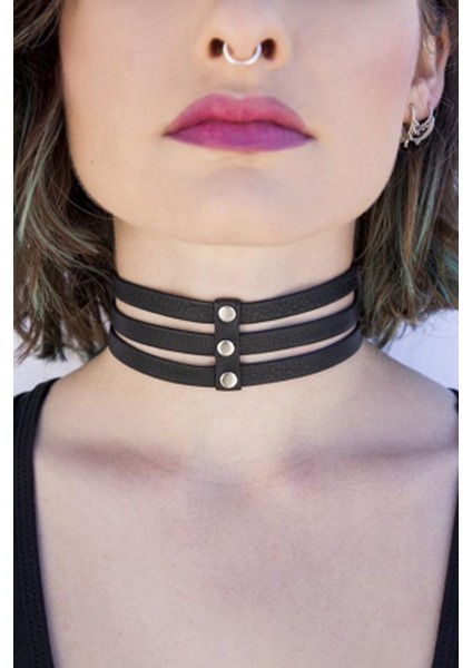 Kadın Üç Ince Şerit Ayarlanabilir Şık Deri Choker Boyun Aksesuar Siyah