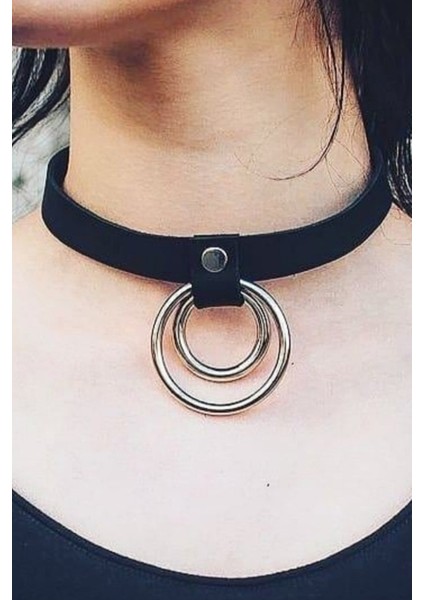 Kadın Ince Şerit Halka Detaylı Ayarlı Şık Deri Choker Boyun Aksesuar Siyah