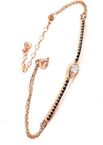 Oniks Taşlı Zirkon Taş Detaylı 925ayar Gümüş Rose Trend Bileklik