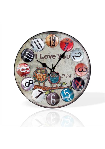 Renkli Baykuş I Love You Yazan Desenli Sessiz Saniye Bombe Camlı Ev Ofis Okul Duvar Saati Büyük 35 cm