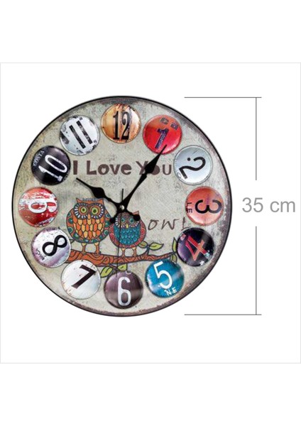 Renkli Baykuş I Love You Yazan Desenli Sessiz Saniye Bombe Camlı Ev Ofis Okul Duvar Saati Büyük 35 cm