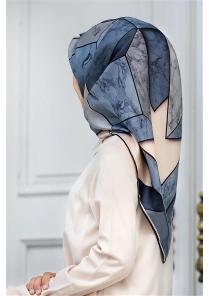 Tivil İpek Eşarp İndigo Desenli Şık Tasarım 90x90 cm Kadınlar İçin