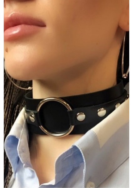 Kadın Halka Detaylı Ayarlı Geniş Şerit Şık Deri Choker Boyun Aksesuar Siyah