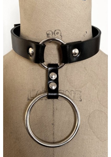 Kadın Büyük ve Küçük Halka Detaylı Ayarlı Deri Choker Boyun Aksesuar Siyah fiyatları