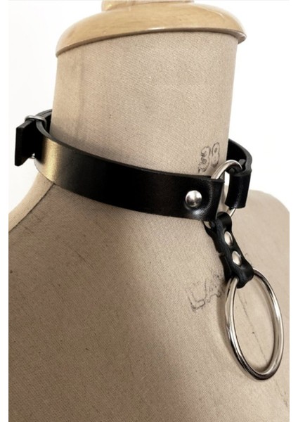 Kadın Büyük ve Küçük Halka Detaylı Ayarlı Deri Choker Boyun Aksesuar Siyah modelleri