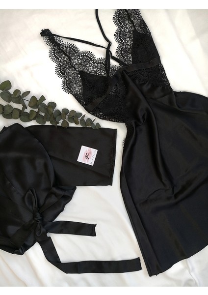 Siyah Saten Gecelik- Sabahlık Set