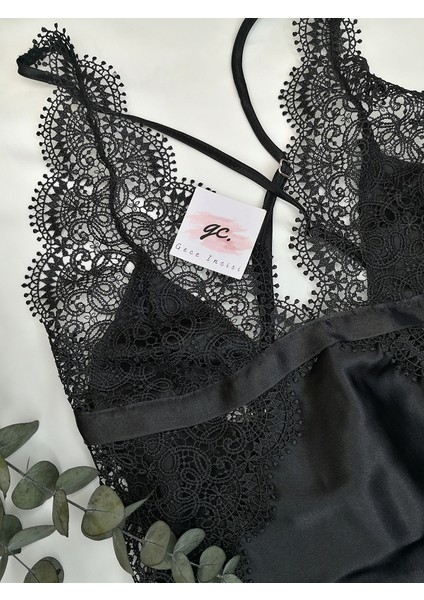 Siyah Saten Gecelik- Sabahlık Set modelleri