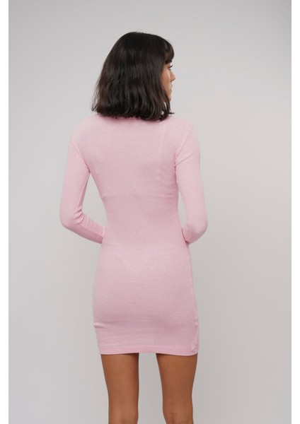 Pembe Yarım Balıkçı Fitilli Elbise