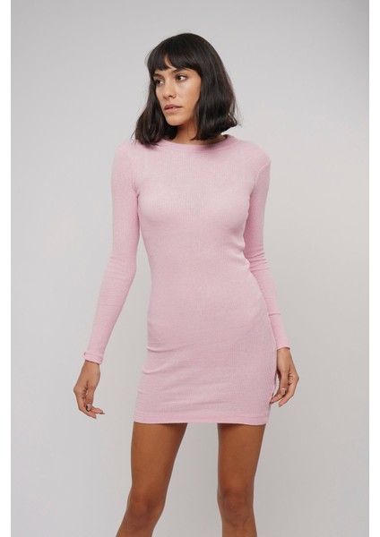 Pembe Yarım Balıkçı Fitilli Elbise