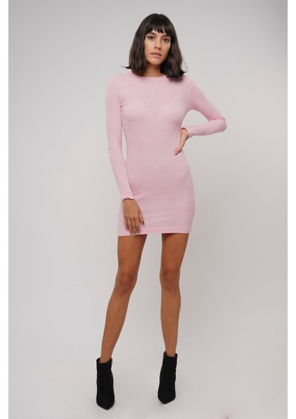 Pembe Yarım Balıkçı Fitilli Elbise