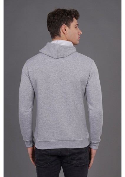 Gri Kapüşonlu Baskılı Sweat
