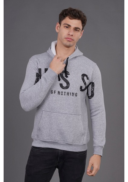 Gri Kapüşonlu Baskılı Sweat