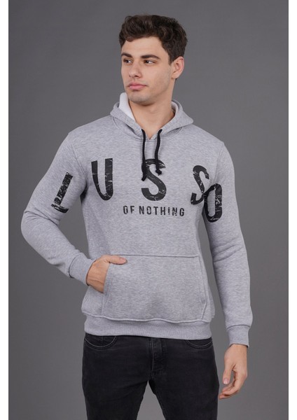 Gri Kapüşonlu Baskılı Sweat