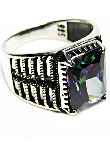 Gümüş Mistik Topaz Taşlı Kare Erkek Yüzük