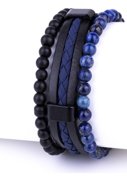 3lü Set mm Onyx Mavi Örgülü Deri Lapis Lazuli mm