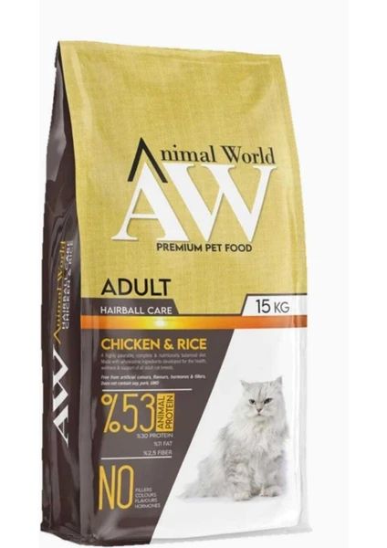 Animal World Adult Hairball Care Chicken and Rice Tüy Yumağı Önleyici Tavuk Etli ve Pirinçli Yetişkin Kedi Maması 15 kg