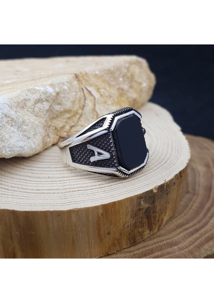 Siyah Oniks Taşlı Harfli Gümüş Erkek Yüzük