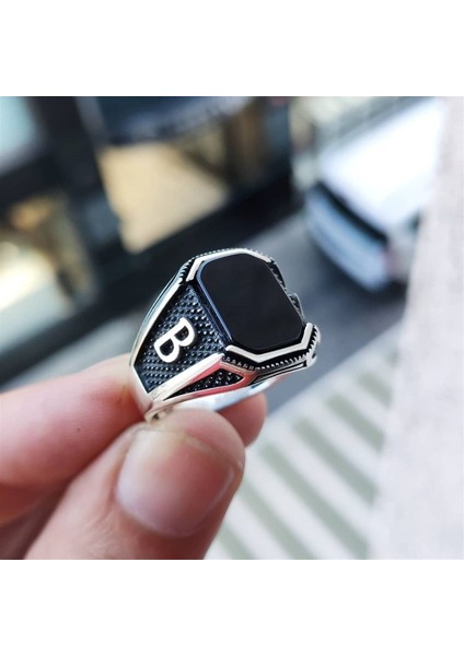 Siyah Oniks Taşlı Harfli Gümüş Erkek Yüzük modelleri