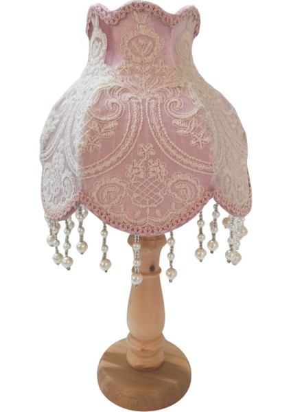 Fransız Dantel Koyu Pudra Kadife Kumaş Klasik Abajur Doğal Ahşap Ayak