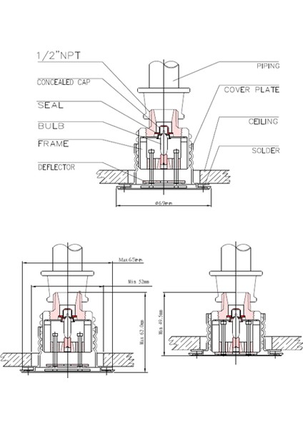 Beyaz, 1/2", Hızlı Cevap Veren, Gizli Kapaklı Sprinkler Başlığı