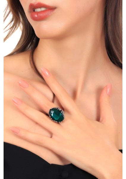 Kadın Antik Gümüş Kaplama Yeşil Renk Swarovski Taş Detaylı Ayarlanabilir Oval Formlu Tasarım Yüzük fiyatları