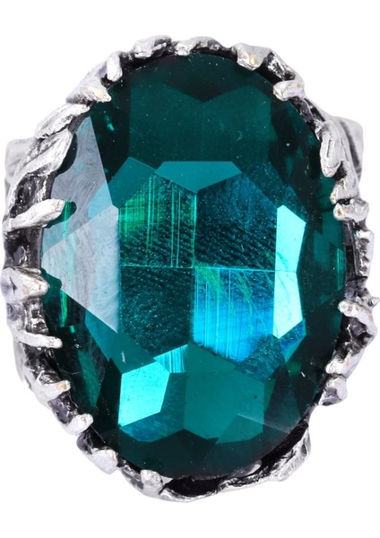 Kadın Antik Gümüş Kaplama Yeşil Renk Swarovski Taş Detaylı Ayarlanabilir Oval Formlu Tasarım Yüzük fırsatları