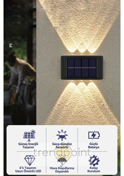 2ADET Modern Solar 6ledli Çift Taraflı Aplik Güneş Enerjili Aydınlatma Duvar Lambası