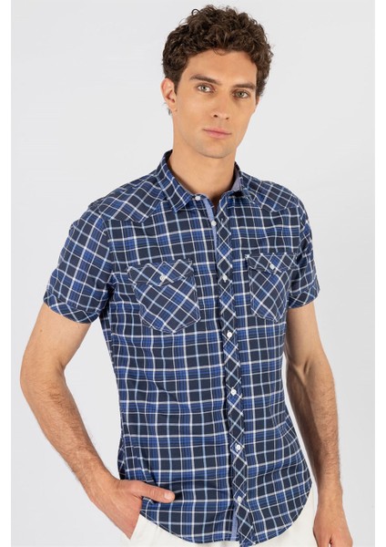 Slim Fit Kısa Kol Ekose Çift Cep Kapaklı Teksas Model Erkek Gömlek