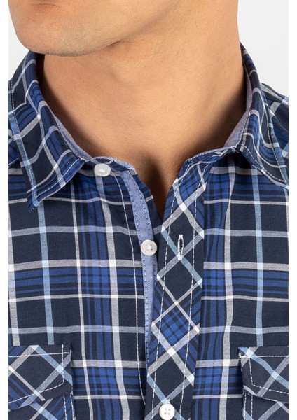 Slim Fit Kısa Kol Ekose Çift Cep Kapaklı Teksas Model Erkek Gömlek