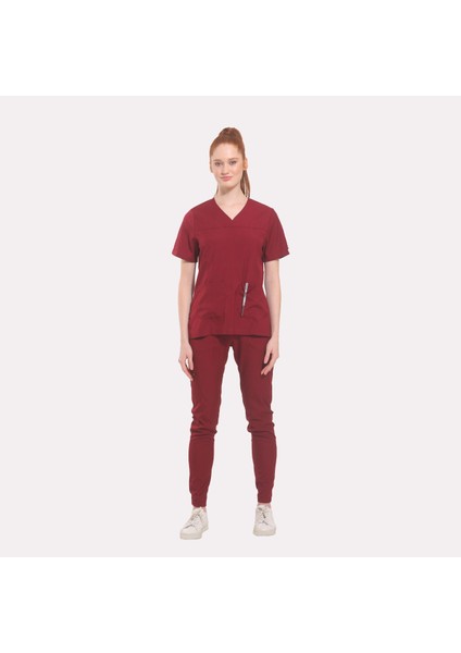 Likralı Dinamik Janet Doktor, Hemşire Forma Takım - Kadın, Bordo
