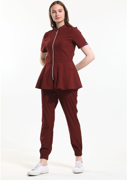 Likralı Dinamik Azelıa Doktor, Hemşire Forma Takım - Kadın, Bordo