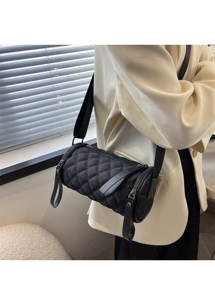 Kadın Varil Şekilli Omuz Çantası Kapitone Yuvarlak Kova Çanta Satchel Çantalar Siyah (Yurt Dışından)