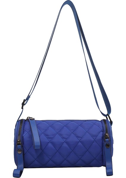 Kadın Varil Şekilli Omuz Çantası Kapitone Yuvarlak Kova Çanta Satchel Çantalar Mavi (Yurt Dışından)