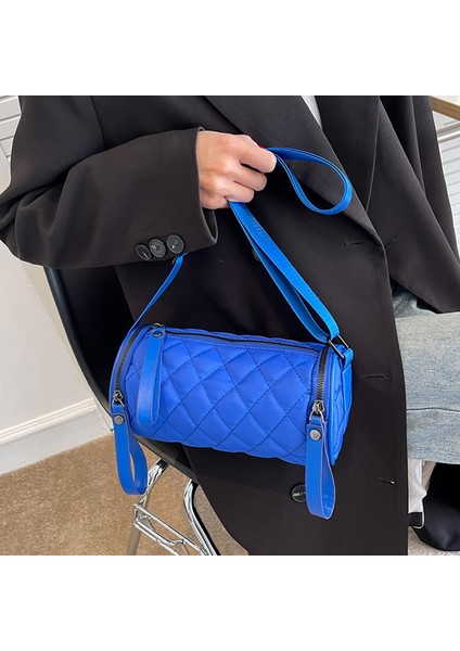 Kadın Varil Şekilli Omuz Çantası Kapitone Yuvarlak Kova Çanta Satchel Çantalar Mavi (Yurt Dışından)