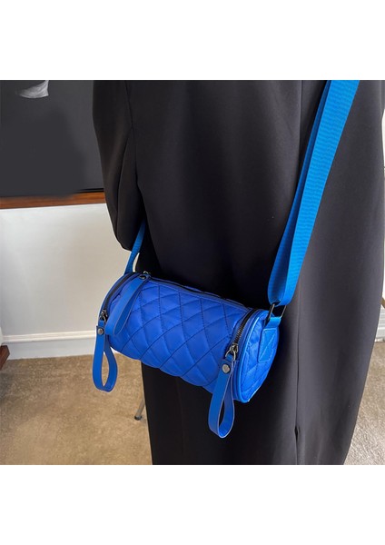 Kadın Varil Şekilli Omuz Çantası Kapitone Yuvarlak Kova Çanta Satchel Çantalar Mavi (Yurt Dışından)