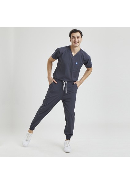 Likralı Dinamik Jogger Doktor, Hemşire Forma Takım - Erkek, Koyu Gri