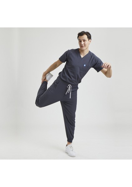 Likralı Dinamik Jogger Doktor, Hemşire Forma Takım - Erkek, Koyu Gri