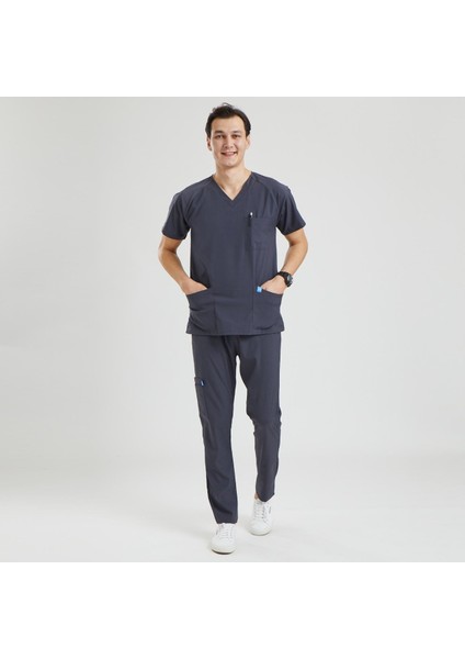 Likralı Dinamik Basic Doktor, Hemşire Forması – Erkek, Koyu Gri