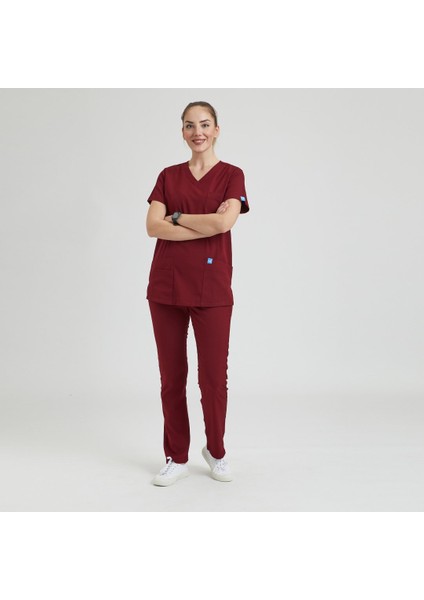 Likralı Dinamik Basic Doktor, Hemşire Forması – Kadın, Bordo