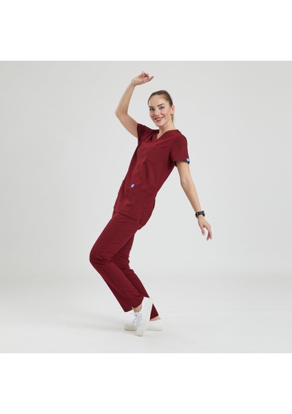 Likralı Dinamik Basic Doktor, Hemşire Forması – Kadın, Bordo