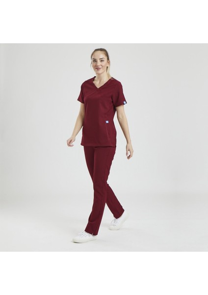 Likralı Dinamik Clower Doktor, Hemşire Forma Takım - Kadın, Bordo